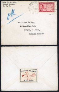 Cayman Islands 1940 cover to N. Ireland very rare WAR FUND label on reverse