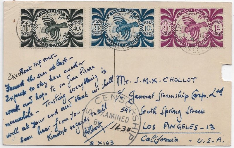 Noumea, New Caledonia to Los Ang., CA 1943 U.S. Censor w/Censor Cut Out (C5543)