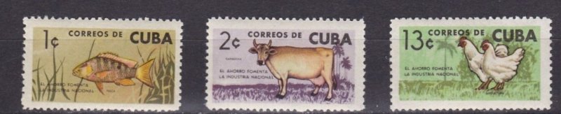 Cuba Sc# 838-840  NATIONAL INDUSTRY fish cow chickens CPL SET of 3 1964 MNH mint