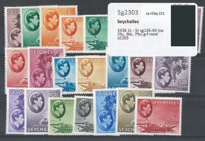 Seychelles 1938 2c - 5r sg135-49 (no 25c, 30c, 75c) good to fine mint cat £265