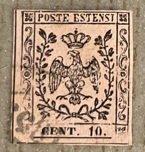 Modena 7 / 1852-1857 10c Black & Rose Coat of Arms Italian States Stamp, Used