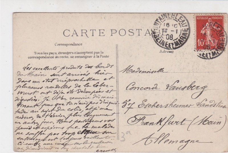 France Fontainebleau 1908 Inaug Picture Stamps Post Card to Frankfurt Ref 32147