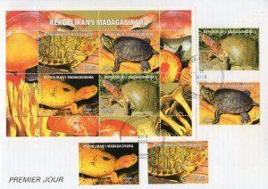 Malagasy 1999 TURTLES and MUSHROOMS Set (4) + Sheetlet Perforated FDC