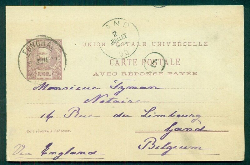 FUNCHAL, 1900, 40r Double Card (H&G 16) used to BELGIUM, VF