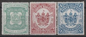 LABUAN 1896 Arms set 25c, 50c & £1, overprint omitted.