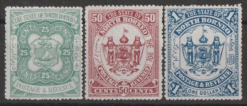 LABUAN 1896 Arms set 25c, 50c & £1, overprint omitted.