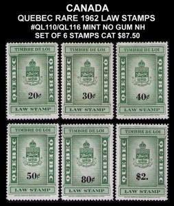 CANADA, QUEBEC REVENUE 1962 #QL110/116 VF SET 6 LAW STAMPS CV $87.00 MINT NO GUM