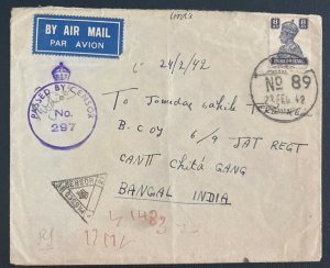 1942 India Field Post office Airmail Censored Cover To Bangal