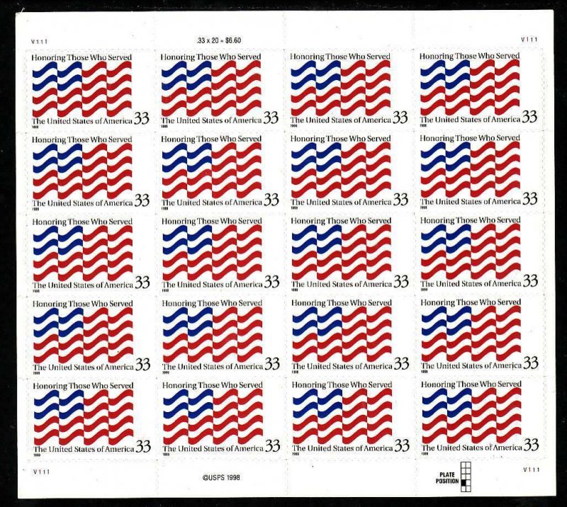 USA-Sc#3331- id12-unused NH sheet-Military-Flags-Honoring those who served
