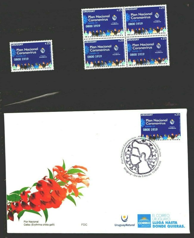 Medicine health URUGUAY 2020 MNH stamp + BLOCK + FDC national plan 