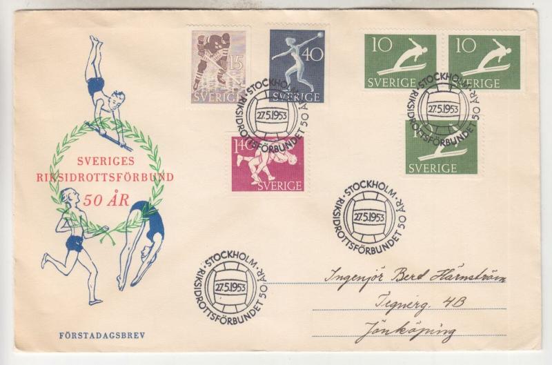 SWEDEN, 1953 Athletic Association set of 4 + 10o. pair, First Day cover