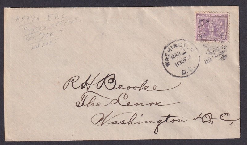 US Scott 537b, tied by Washington DC Mar. 3, 1919 FIRST DAY cover, w/ PF cert