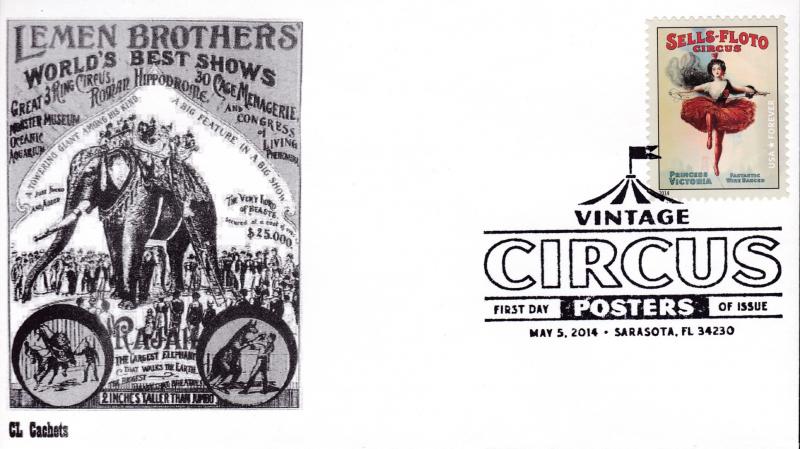 United States 2014 Vintage Circus Posters (8) on First Day Covers B&W CL Cachet