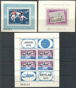 ROMANIA: Nine 1973-75 MNH Souvenir Sheets; SOCCER SPACE NUDES UPU, STAMP SHOWS