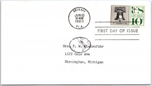 US FIRST DAY COVER 10c AIRMAIL LIBERTY BELL UNCACHETED AT MIAMI 1960