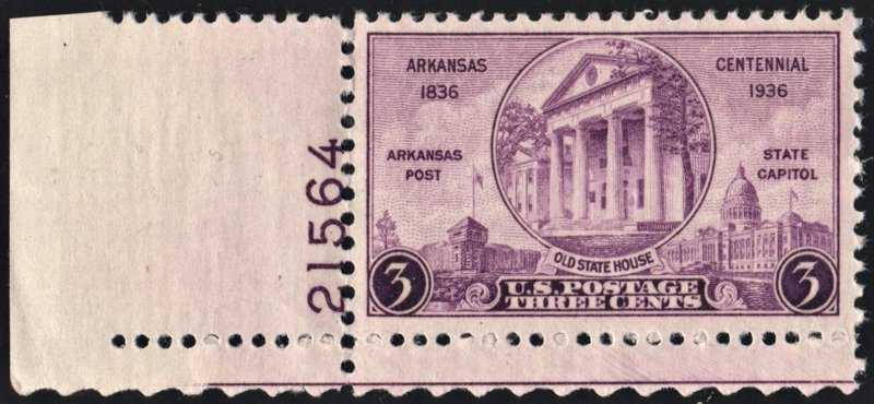 SC#782 3¢ Arkansas Statehood Centennial Plate Single (1936) MNH