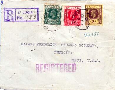 Saint Lucia 1/2d, 1d and 3d KGV 1918 Castries, St. Lucia Registered to Detroi...