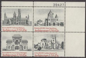 1980 Architecture Plate Block Of 4 15c Postage Stamps, Sc# 1838-1841, MNH, OG