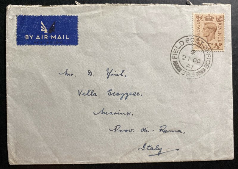 1947 BAOR British Field Post Office 383 Germany Airmail Cover To Rome Italy