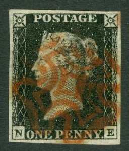 SG 2 1d black plate 4 lettered NE. Very fine used with a red Maltese cross...