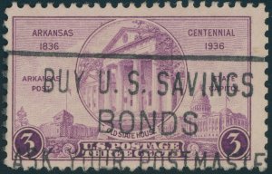 US 782 Arkansas Centennial Issue; Used -- See details and scan