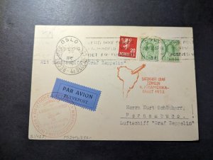 1932 Norway Airmail LZ127 Graf Zeppelin Postcard Cover Oslo to Pernambuco Brazil