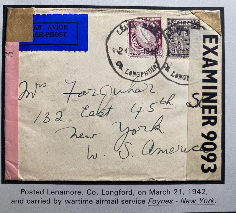 1942 Longford Ireland Dual Censored Airmail Cover To New York USA