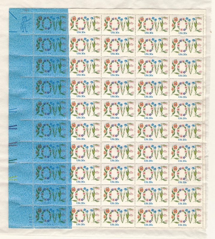 MAJOR ERROR: Dramatic Blue Ink Printing Flaw on 1982 LOVE Sheet.