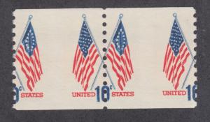 US Sc 1519 MNH. 1973 10c American Flags, horizontal coil pair, misperf
