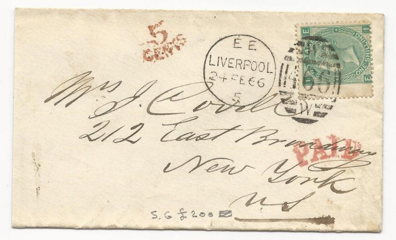 GREAT BRITAIN Scott #48 Pl #4 Tied to New York, NY Cover 1866 Liverpool