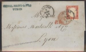 Italy 1862 Sardegna Sc 13 Torino to Lyon France Cover G112360