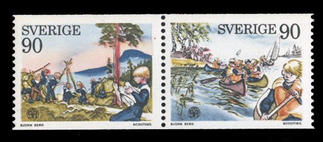 Sweden #1138a, 1975 Boy Scouts, se-tenant horizontal pair, left stamp with M...