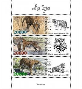 Guinea - 2021 Tigers on Stamps - 3 Stamp Sheet - GU210320a