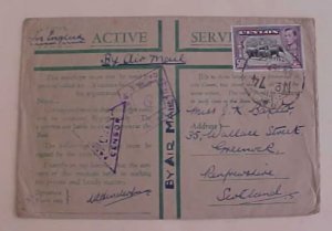 CEYLON 2 DIFF. CENSORS #74 CIRCA 1944 TO SCOTLAND