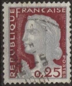 France 968 (used) 25c Marianne, lake & gray (1960)