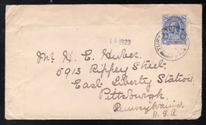 Turks & Caicos 1923 Cover to Pittsburgh franked 2 1/2p George V, Scott 40