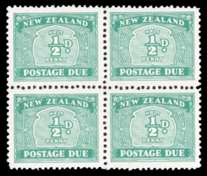New Zealand #J22 Cat$52, 1939 1/2p turquoise green, block of four, never hinged