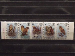 5357   Swaziland   MNH # 405   Strip of 5   Owls          CV$ 110.00