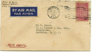 10c airmail for 1/4oz 1940 to BARBADOS BWI w/receiver Canada cover