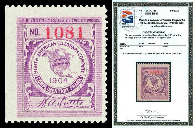 Scott 10T5 1904 North American Telegraph Co Stamp Mint F-VF NH Cat $350 PSE CERT