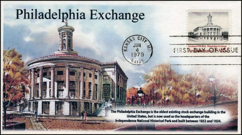 AO-1782, 1979, Architecture, Philadelphia Exchange, Add-on Cachet, FDC, SC 1782,