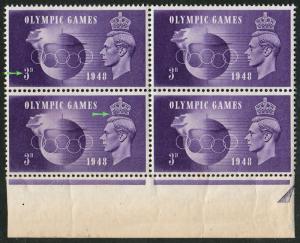 GB GVI 1948 Olympic Flaws SG496 QCom15b/c Crown Retouch & Hooked 3 in MNH Block