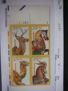 Scott 2390 - 2393 or 2393a, 25c Carousel Animals, PB4 #111121 1 UL, MNH Beauty