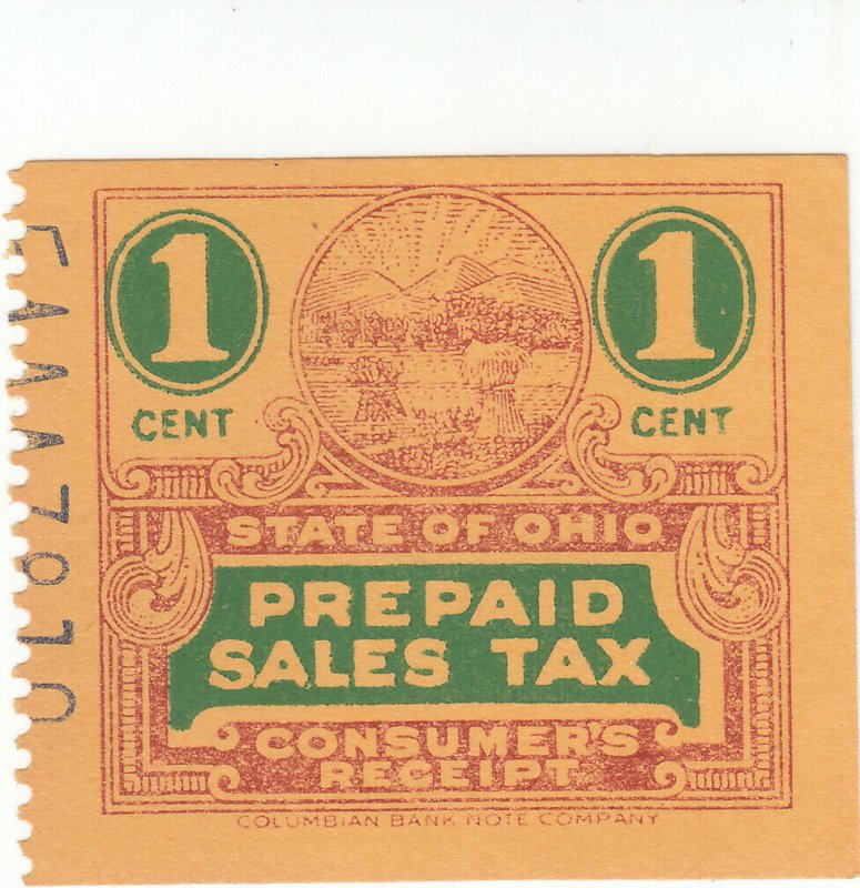 Ohio Prepaid Sales Tax Stamps 1939 1c Consumer Receipt Columbian
