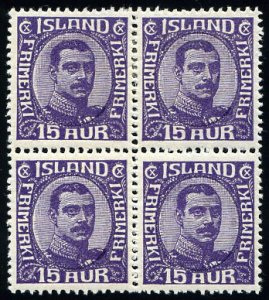 Iceland #117 Cat$180+ (for singles), 1920 15a violet, block of four, top stam...