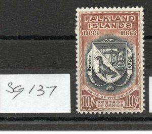 FALKLAND ISLANDS Centenary 1933 10/- SG137 lightly hinged fresh colours.