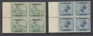 Ruanda Urundi Sc 28, 32 MNH. 1927-29 issues, Matched Sheet Margin Blocks of 4