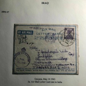 1943 Quiyara Iraq Indian Base Censored Air Letter Cover To Tanjore India