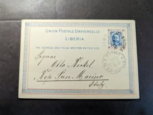 1896 Liberia Postcard Cover Monrovia to Republic of San Marino Italy