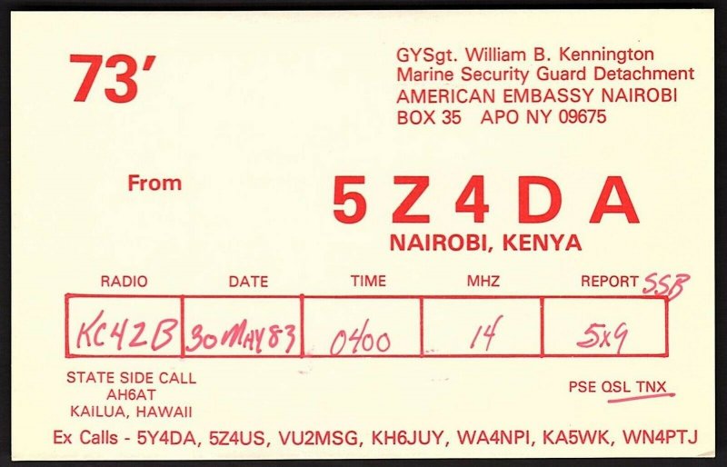 QSL QSO RADIO CARD GYSgt.William B. Kennington,5Z4DA, Nairobi, Kenya (Q2736)